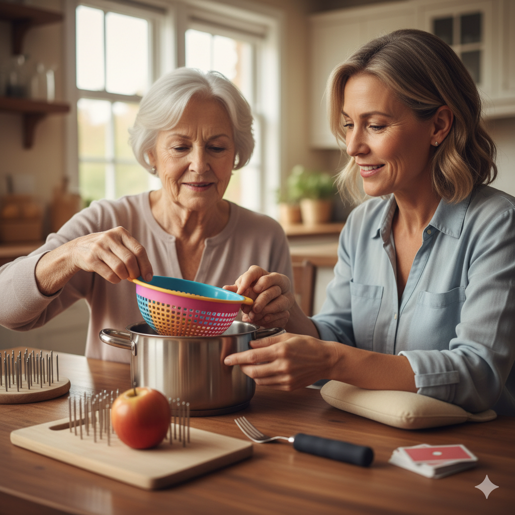 ersona mayor, post-ictus, realizando un ejercicio de terapia ocupacional con la ayuda de un terapeuta, centrándose en actividades cotidianas para recuperar la independencia.